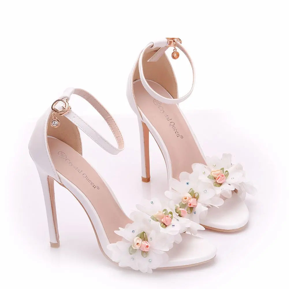 Large Size Sexy High Heel Sandals White Floral Stiletto Peep-toe Roman Sandals Women High Heel White