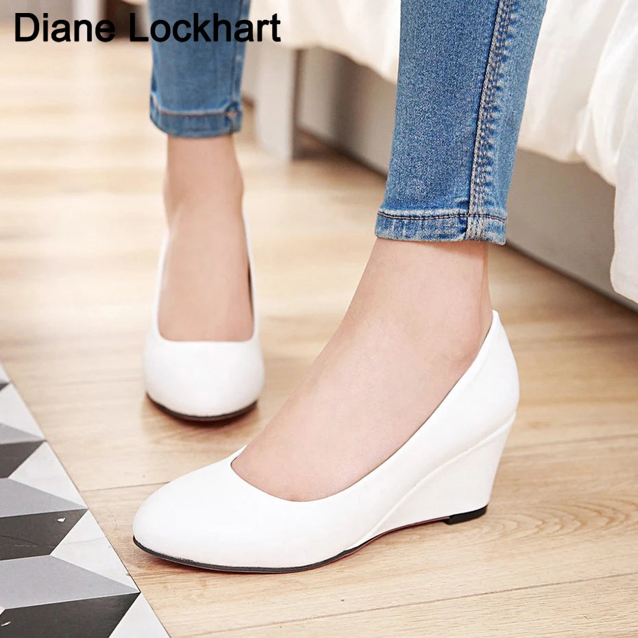 Women Wedge Shoes round toe pumps White Sweet Loafers Women's Pregnant Wedges Spring Autumn casual high heels Free Ship