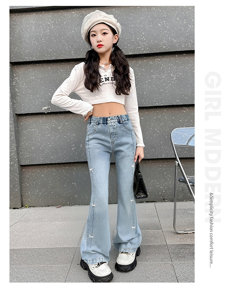 Girls Summer Fashion Jeans with Butterfly New Arrvial Kids Vintage Tight Denim Flare Pants Teenage Slim Trousers