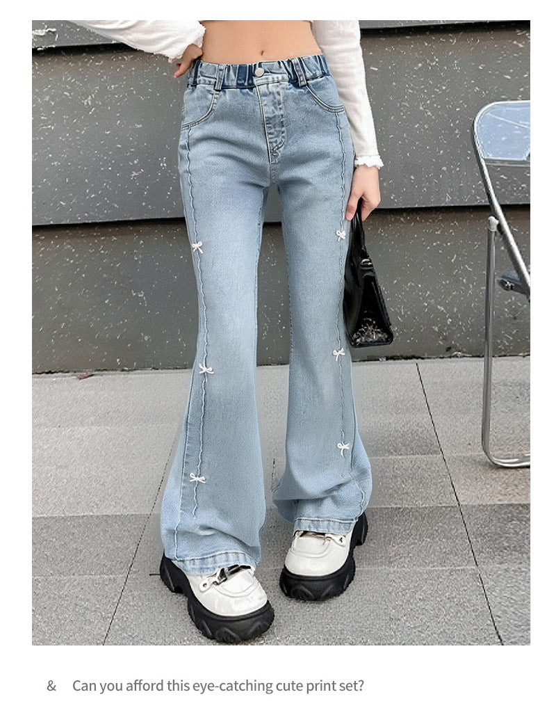 Girls Summer Fashion Jeans with Butterfly New Arrvial Kids Vintage Tight Denim Flare Pants Teenage Slim Trousers