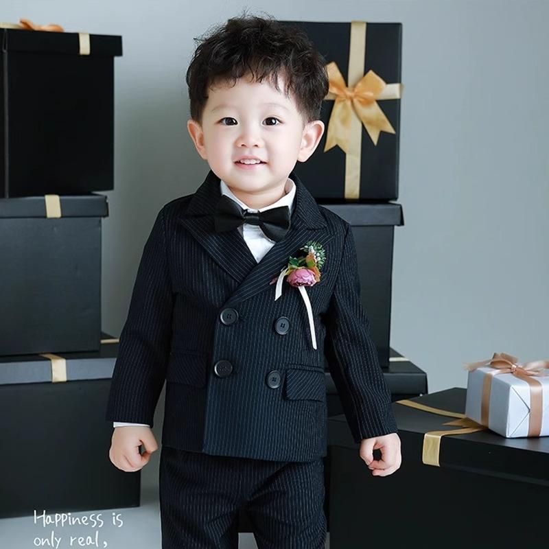 Style Boys' Suit Set, Handsome British Style Boys' Little Suit,(Black suit + trousers + shirt with bow tie + boutonniere)