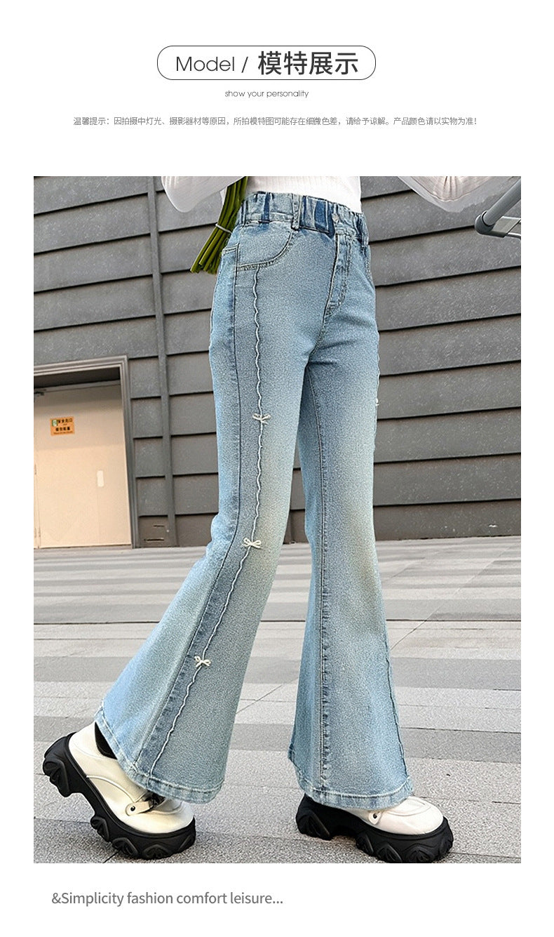 Girls Summer Fashion Jeans with Butterfly New Arrvial Kids Vintage Tight Denim Flare Pants Teenage Slim Trousers