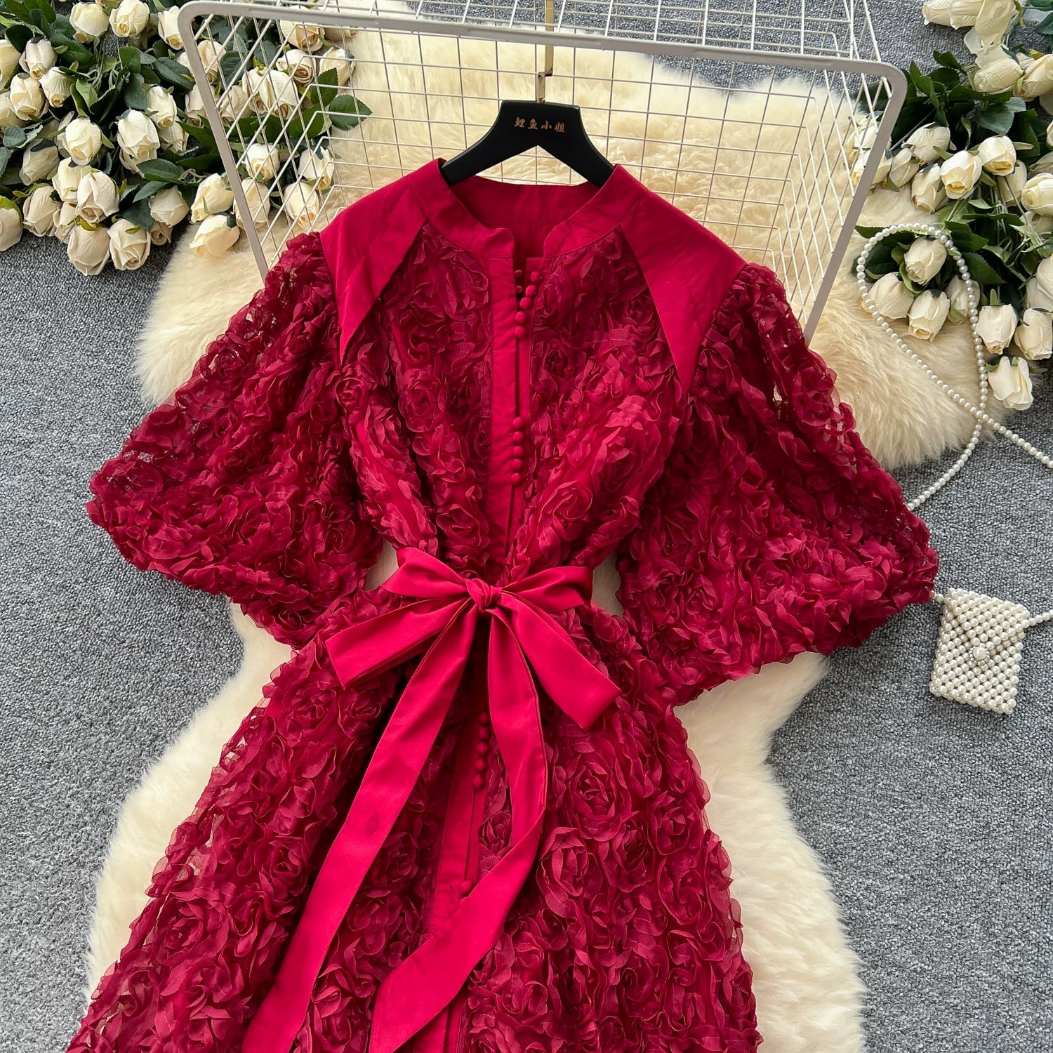 Luxury 3D Flower Formal Evening Dress Women Summer Single Breasted Loose Oversize Belt Lace Up Long Dresses Female Party Vestido
