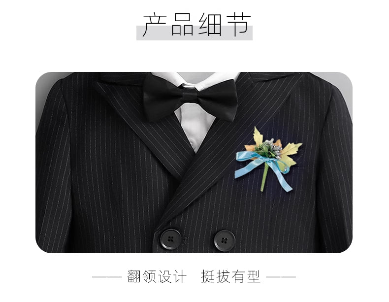 Style Boys' Suit Set, Handsome British Style Boys' Little Suit,(Black suit + trousers + shirt with bow tie + boutonniere)