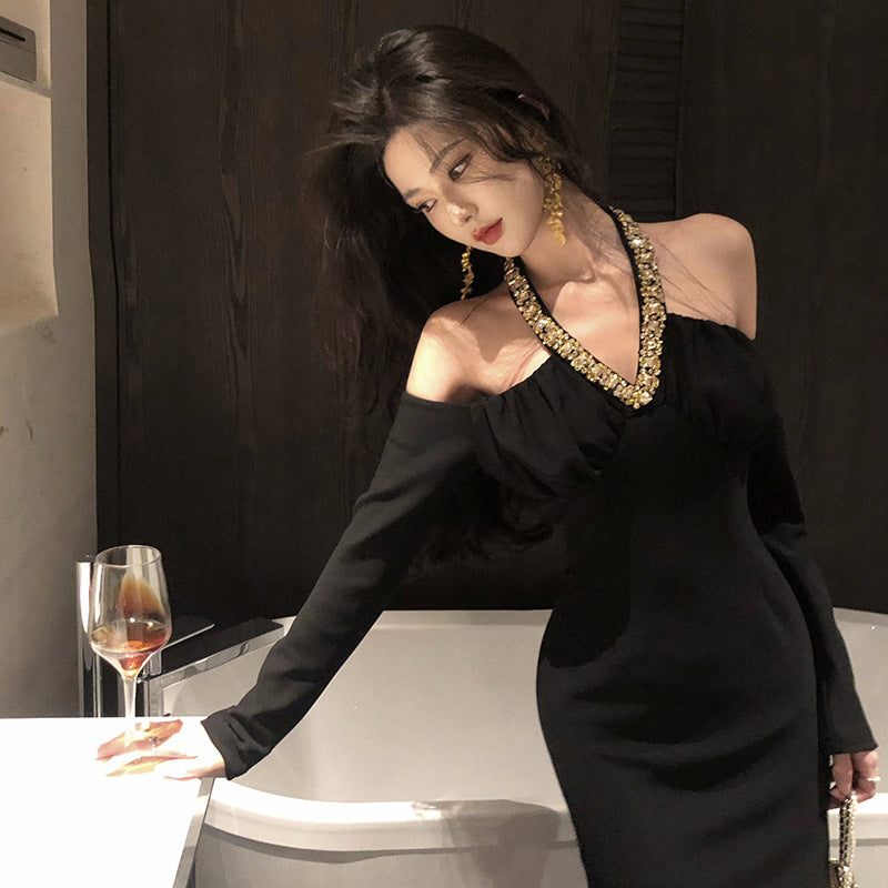 Elegant and sophisticated style women's dress, 2025 new style, off-shoulder hollow-out rhinestone long birthday party evening dress