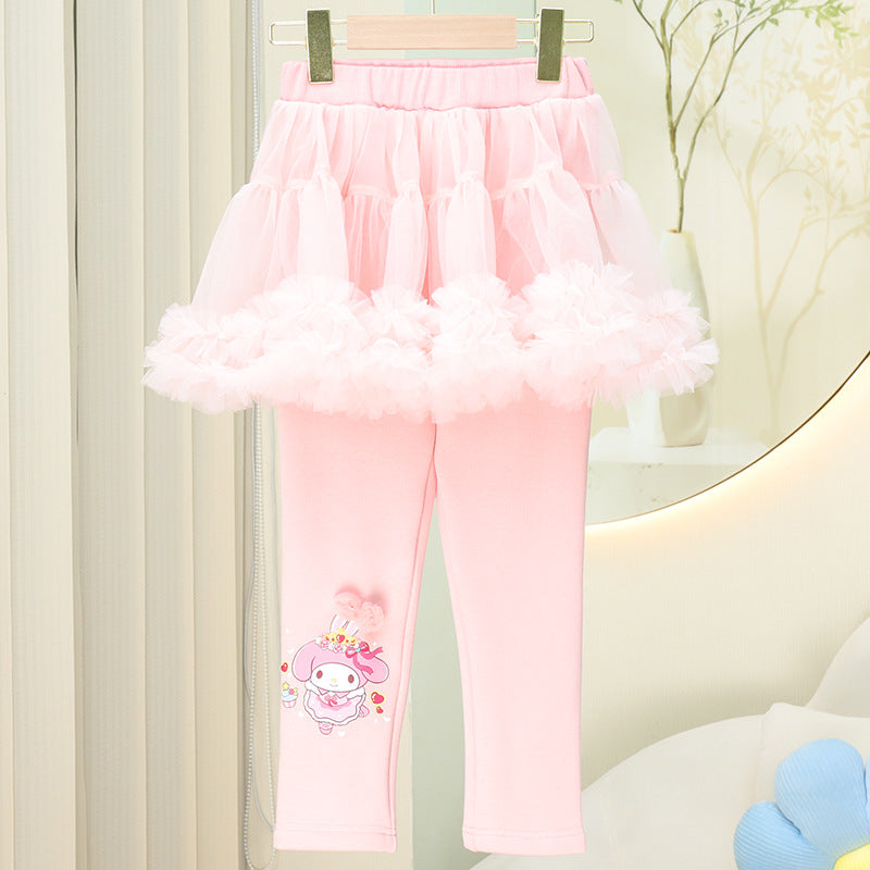 New Style Girls' Versatile Casual  Sweet Mesh Skirt and Pants Set