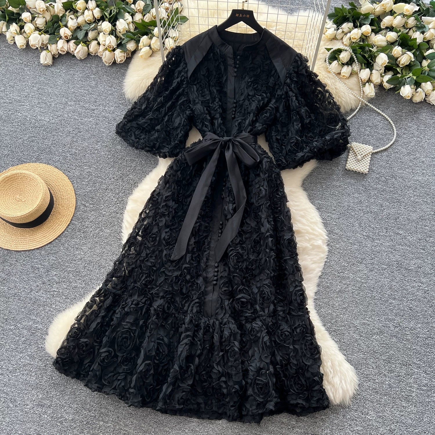 Luxury 3D Flower Formal Evening Dress Women Summer Single Breasted Loose Oversize Belt Lace Up Long Dresses Female Party Vestido