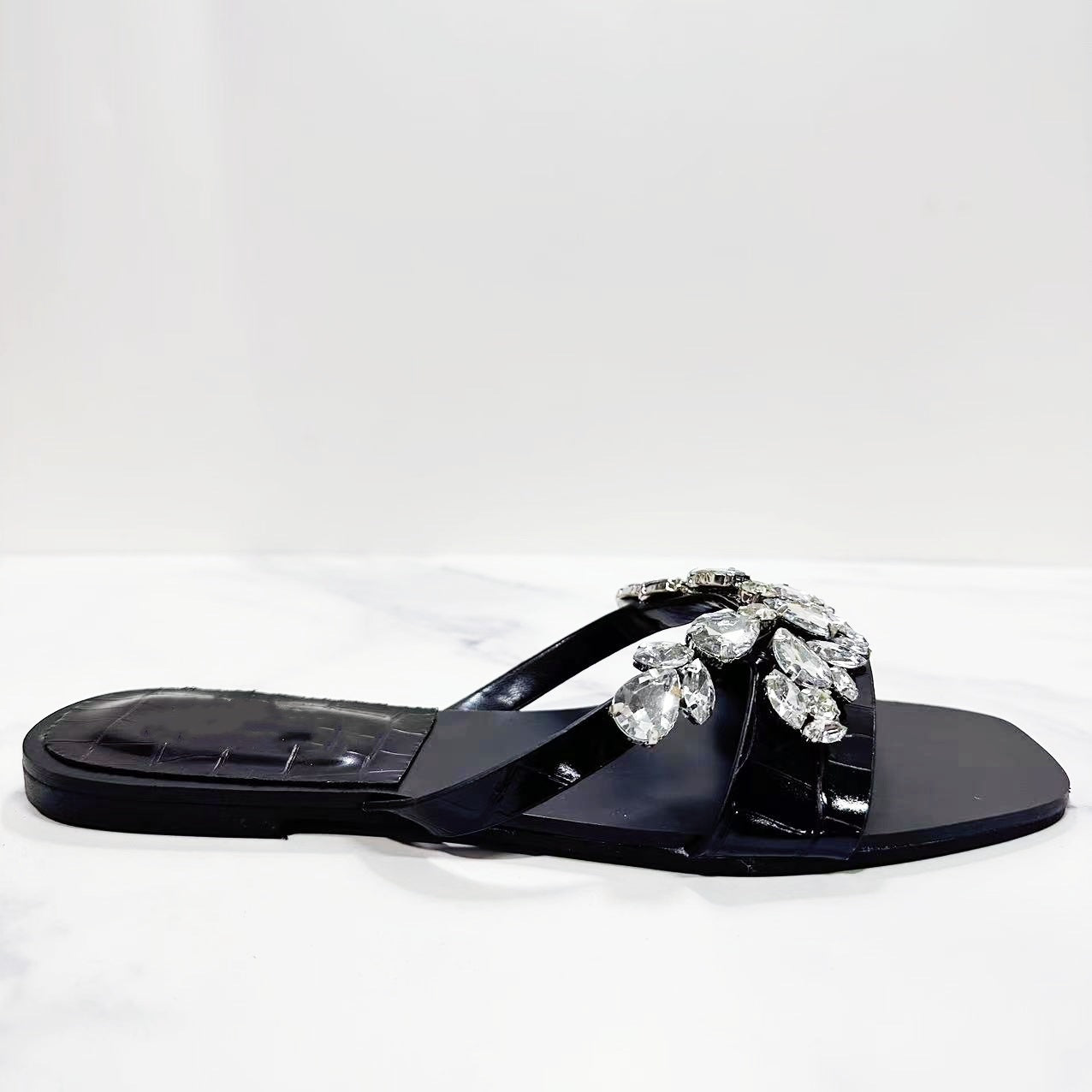 Flat Sandals with Rhinestone Embellished Square
