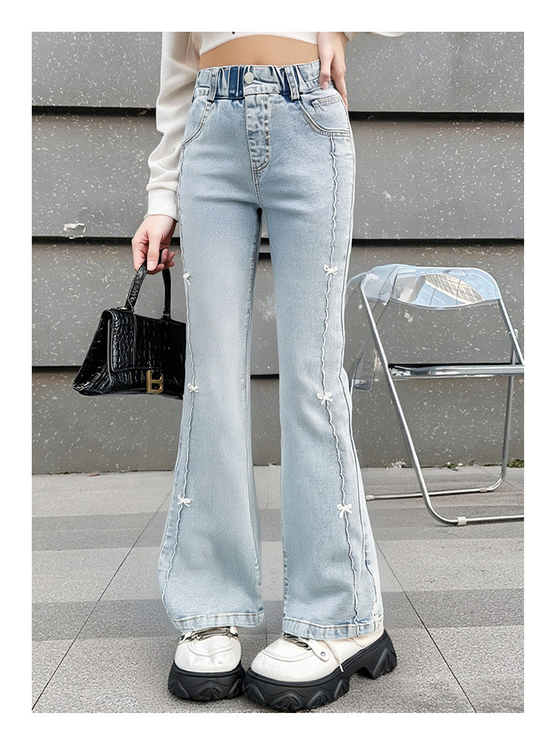 Girls Summer Fashion Jeans with Butterfly New Arrvial Kids Vintage Tight Denim Flare Pants Teenage Slim Trousers