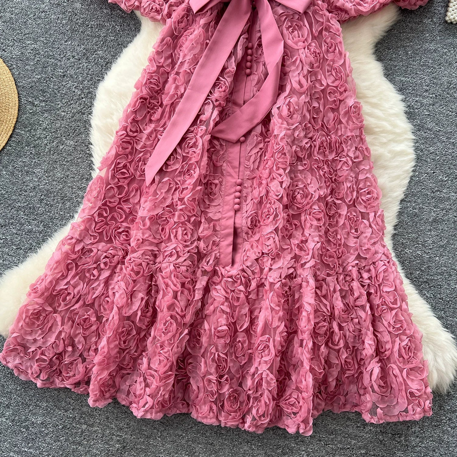 Luxury 3D Flower Formal Evening Dress Women Summer Single Breasted Loose Oversize Belt Lace Up Long Dresses Female Party Vestido