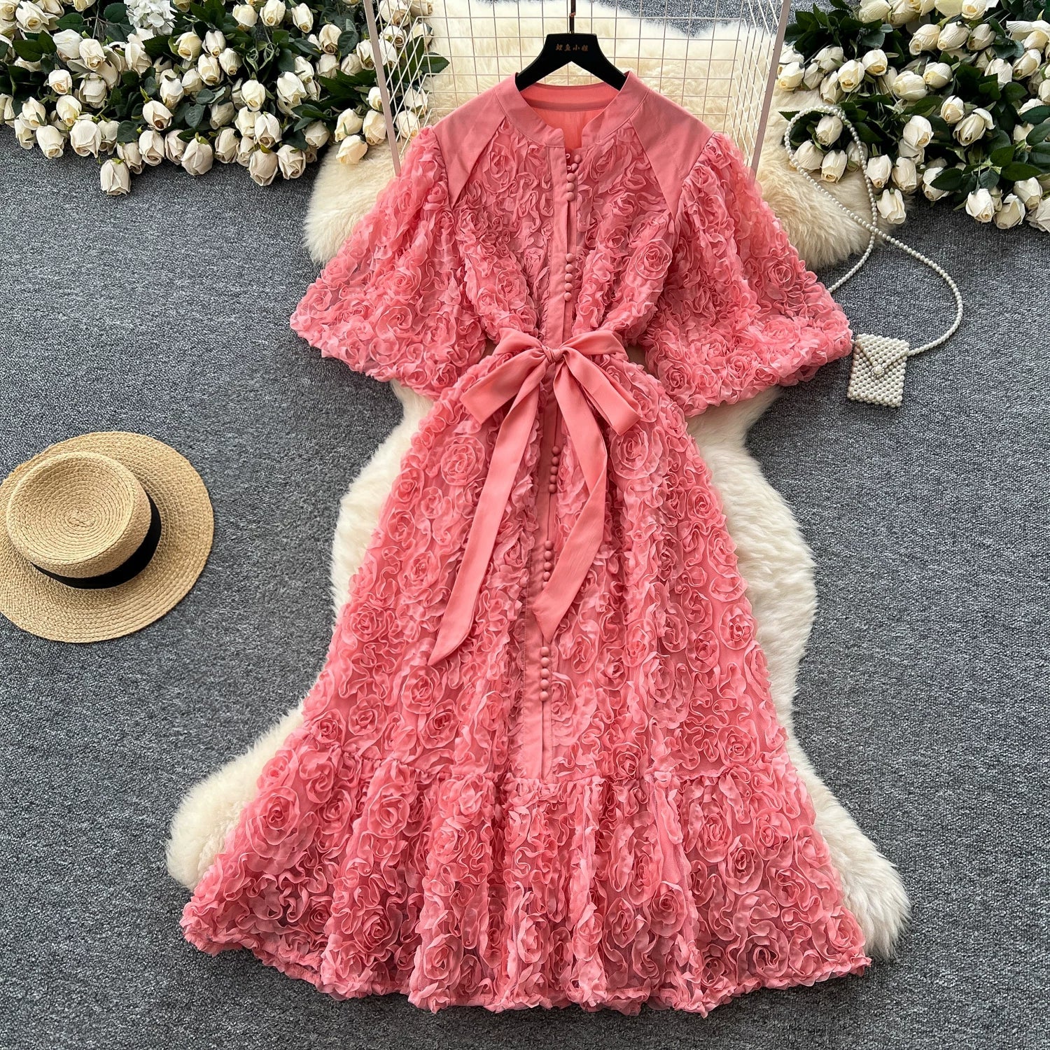 Luxury 3D Flower Formal Evening Dress Women Summer Single Breasted Loose Oversize Belt Lace Up Long Dresses Female Party Vestido