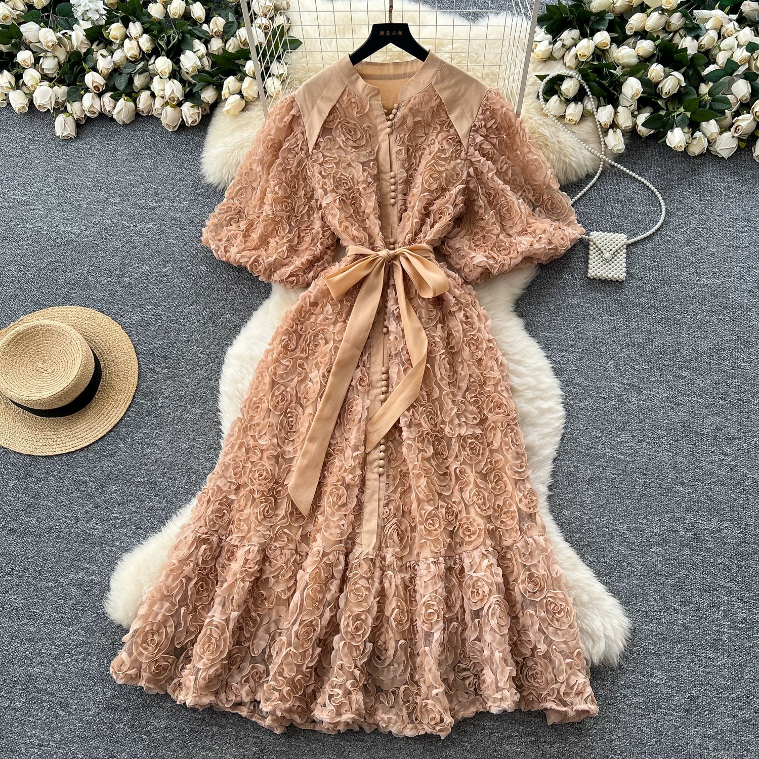 Luxury 3D Flower Formal Evening Dress Women Summer Single Breasted Loose Oversize Belt Lace Up Long Dresses Female Party Vestido