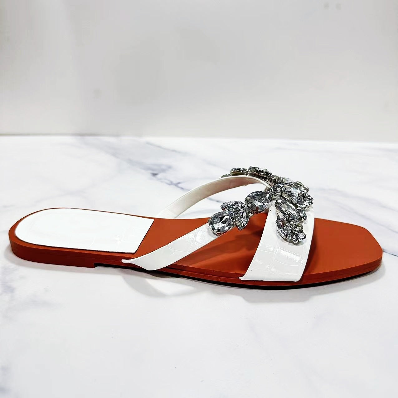 Flat Sandals with Rhinestone Embellished Square