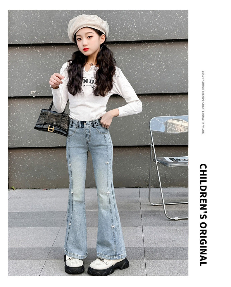 Girls Summer Fashion Jeans with Butterfly New Arrvial Kids Vintage Tight Denim Flare Pants Teenage Slim Trousers