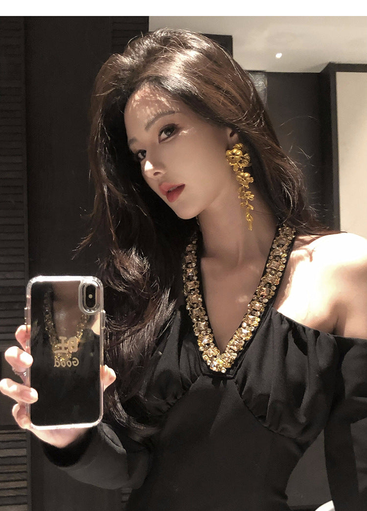 Elegant and sophisticated style women's dress, 2025 new style, off-shoulder hollow-out rhinestone long birthday party evening dress