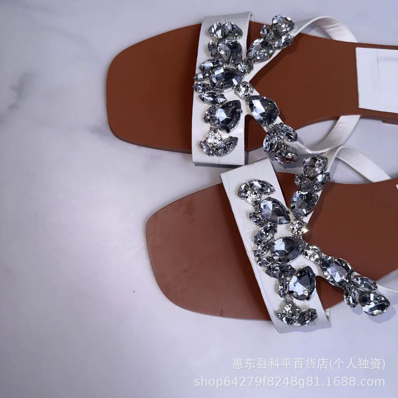 Flat Sandals with Rhinestone Embellished Square