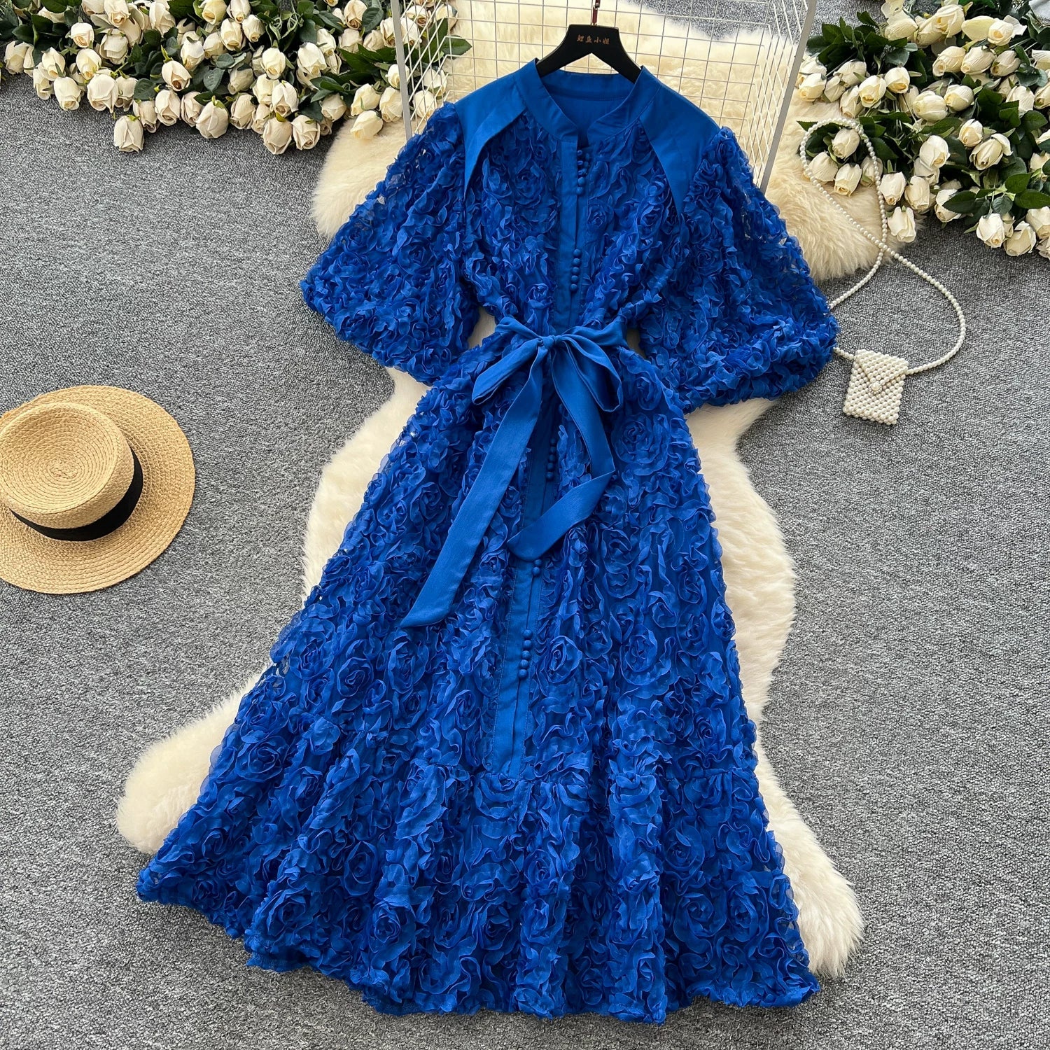 Luxury 3D Flower Formal Evening Dress Women Summer Single Breasted Loose Oversize Belt Lace Up Long Dresses Female Party Vestido