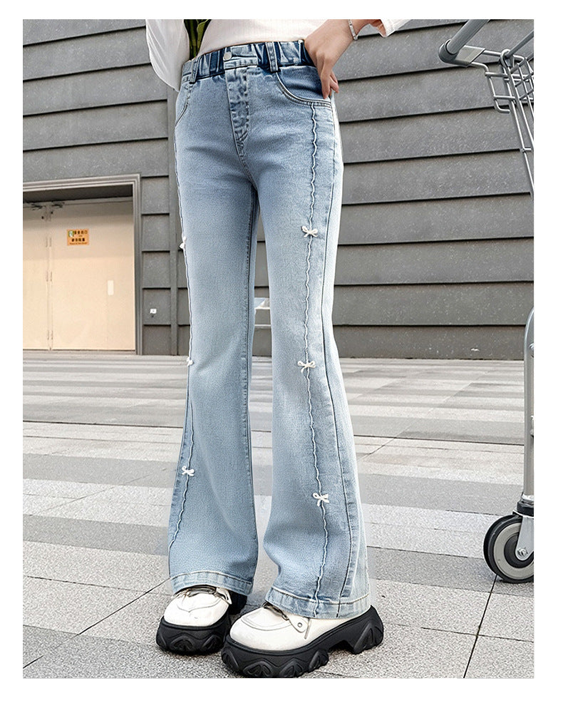Girls Summer Fashion Jeans with Butterfly New Arrvial Kids Vintage Tight Denim Flare Pants Teenage Slim Trousers