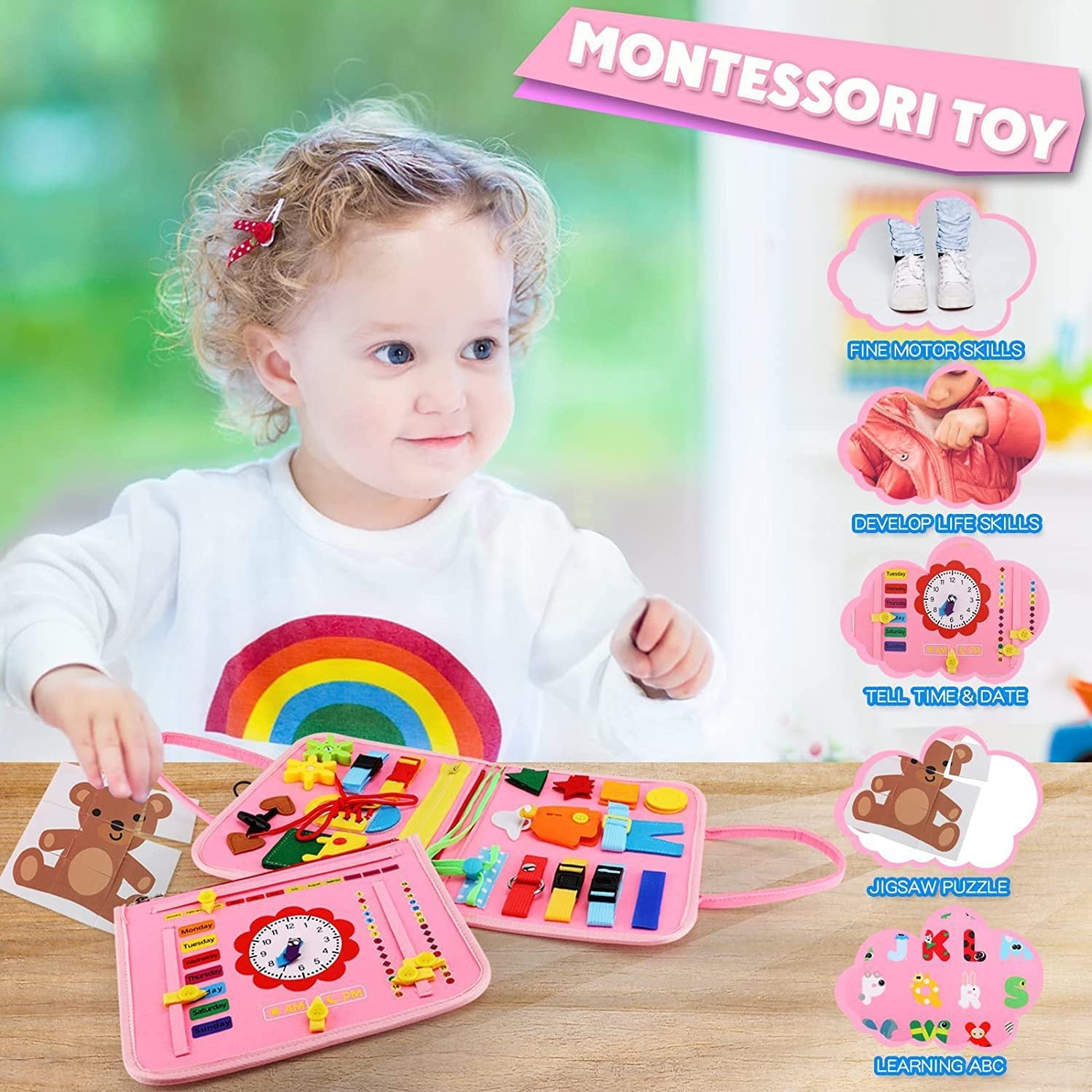 2026 New Montessori Busy Board Educational Activity Developing Sensory Board Fine Basic Dress Motor Skills Travel Toys Kids Gift