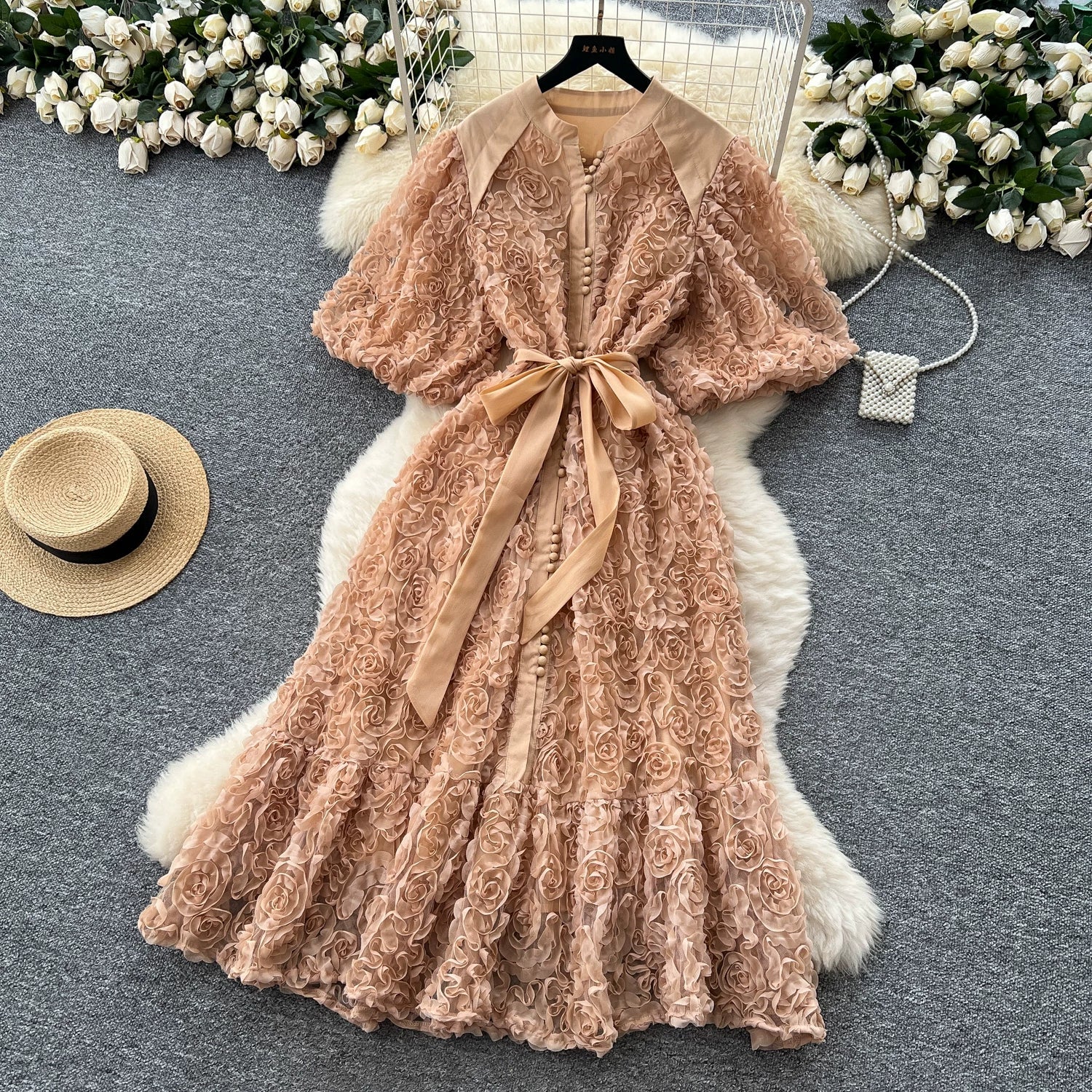 Luxury 3D Flower Formal Evening Dress Women Summer Single Breasted Loose Oversize Belt Lace Up Long Dresses Female Party Vestido
