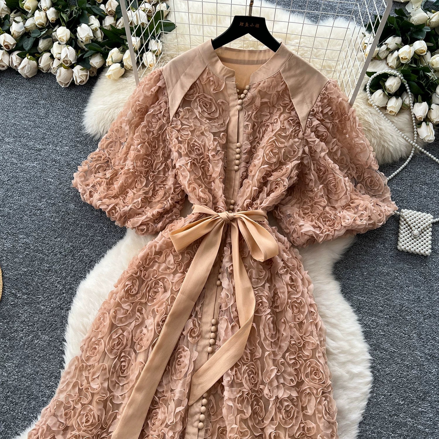 Luxury 3D Flower Formal Evening Dress Women Summer Single Breasted Loose Oversize Belt Lace Up Long Dresses Female Party Vestido