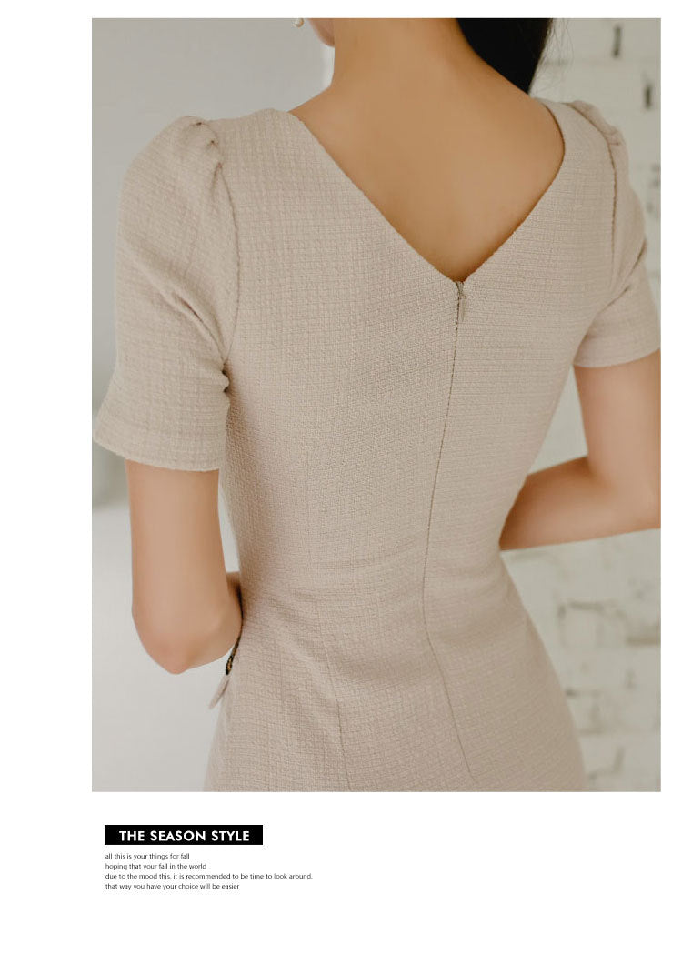 Chanel-Style Square Neckline Cutout Waist Slim Fit Elegant Short-Sleeve Dress
