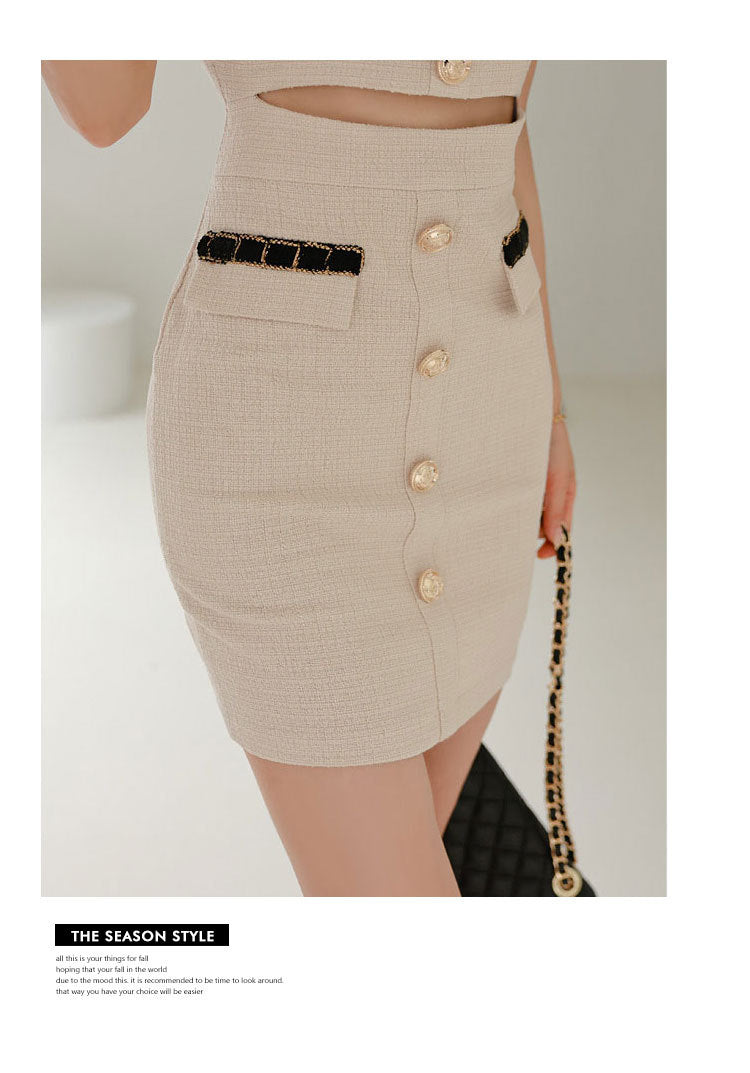 Chanel-Style Square Neckline Cutout Waist Slim Fit Elegant Short-Sleeve Dress