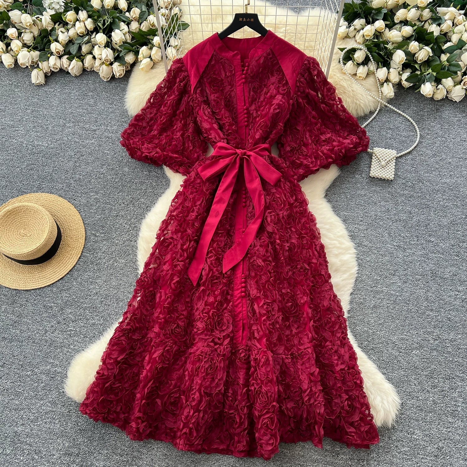 Luxury 3D Flower Formal Evening Dress Women Summer Single Breasted Loose Oversize Belt Lace Up Long Dresses Female Party Vestido
