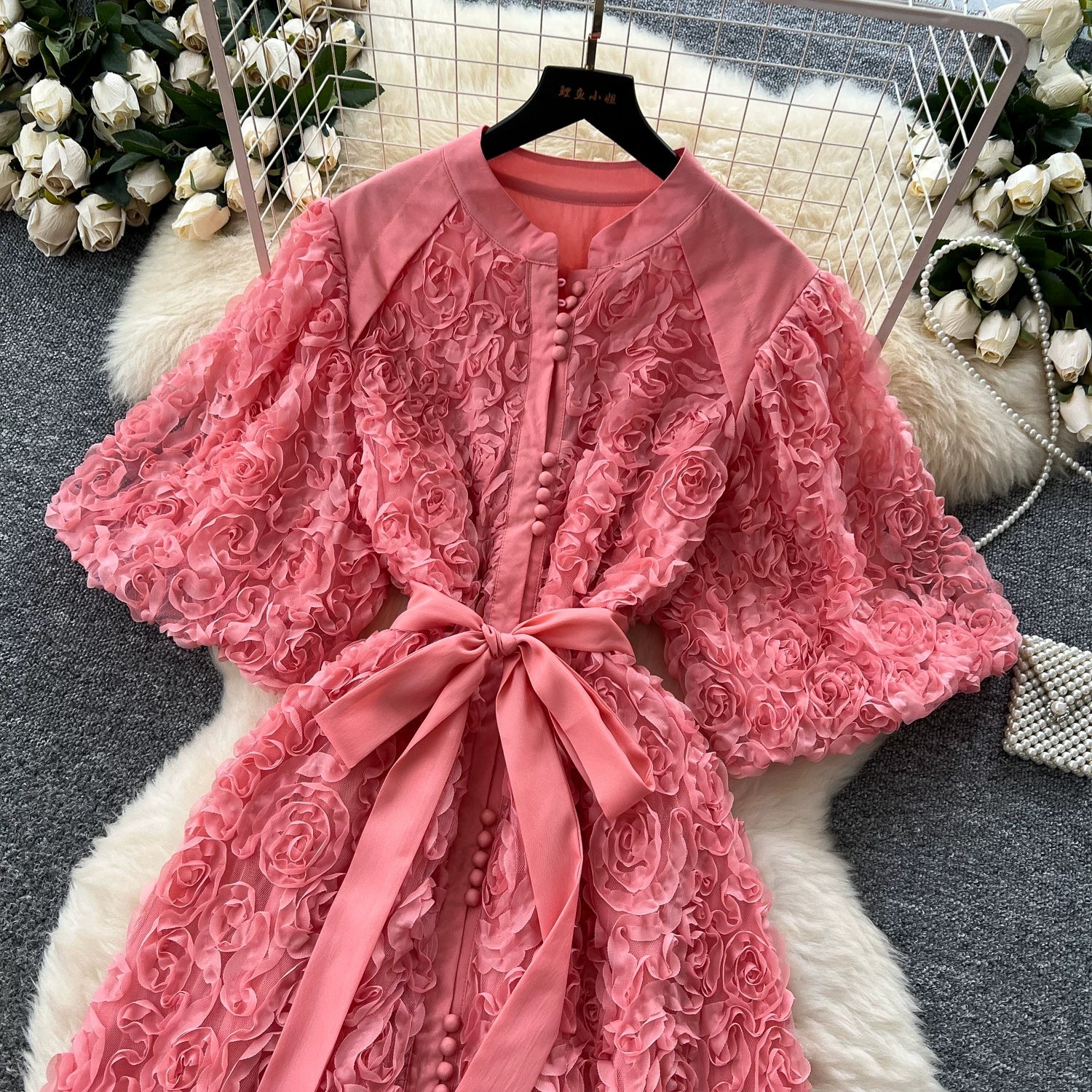 Luxury 3D Flower Formal Evening Dress Women Summer Single Breasted Loose Oversize Belt Lace Up Long Dresses Female Party Vestido