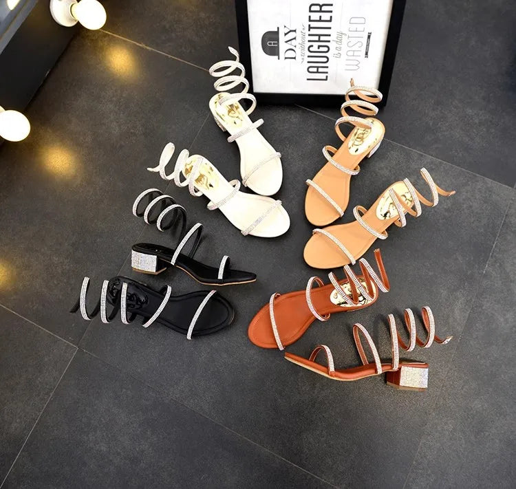 Summer Fashio 4CM Thick Heel Gladiator Sandals Women Flat Sandals Snake Punk Rhinestone Women Sandals Wedding Shoes