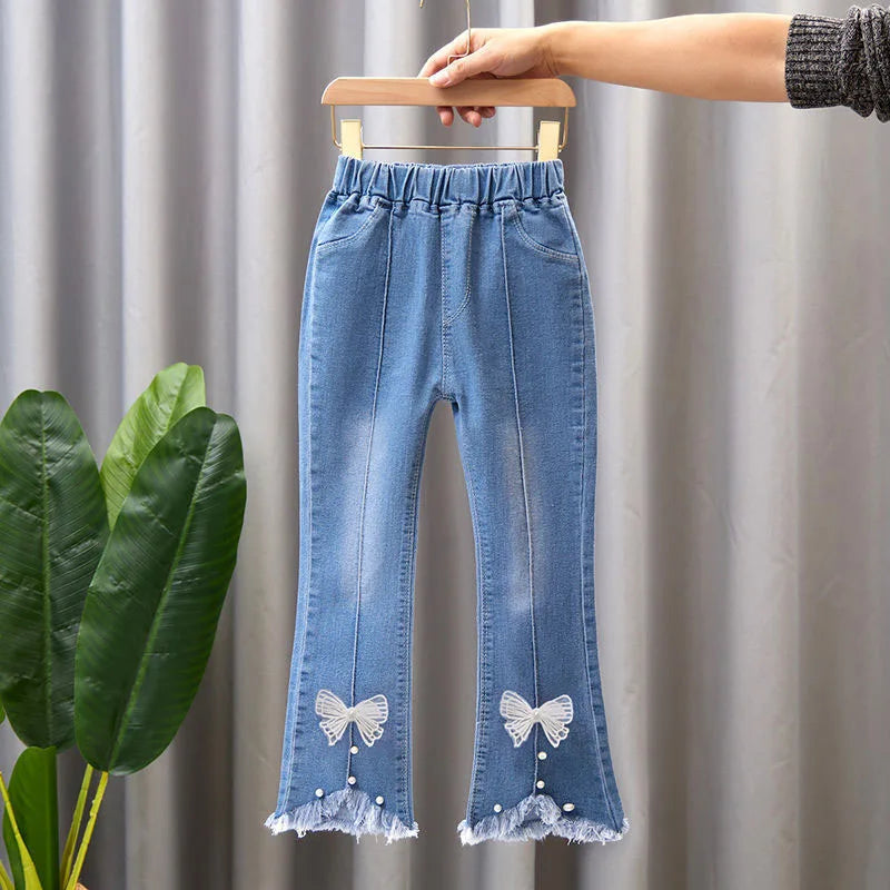 Children Infants Girls Casual Denim Pants Bow Tie Child Teenage Girl Jeans Clothes Fashion Kids Skinny Trousers Prints Clothing