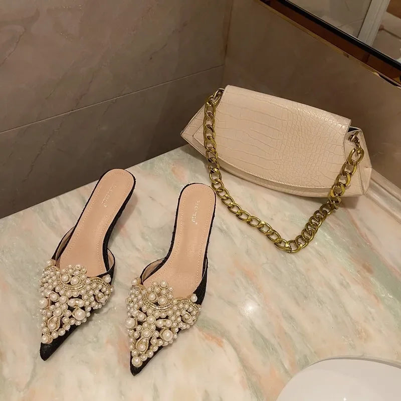 New Slippers Fashion Pointy Head Pearl Half Slippers Fine Heeled Sandals Women's Shoes 42 Yards Middle Heeled Mules Shoes