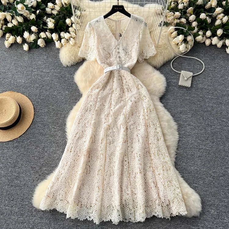 Luxury Pink Lace Midi dress with belt Women's 2025 Summer Elegant V-neck Rhinestone buttons Dresses Party clothing INKEO 4D094