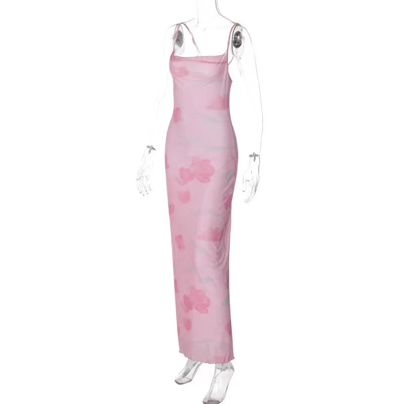European and American Women's Fashion New Sweet and Spicy Style Off-Shoulder Mesh Printed Long Camisole Dress