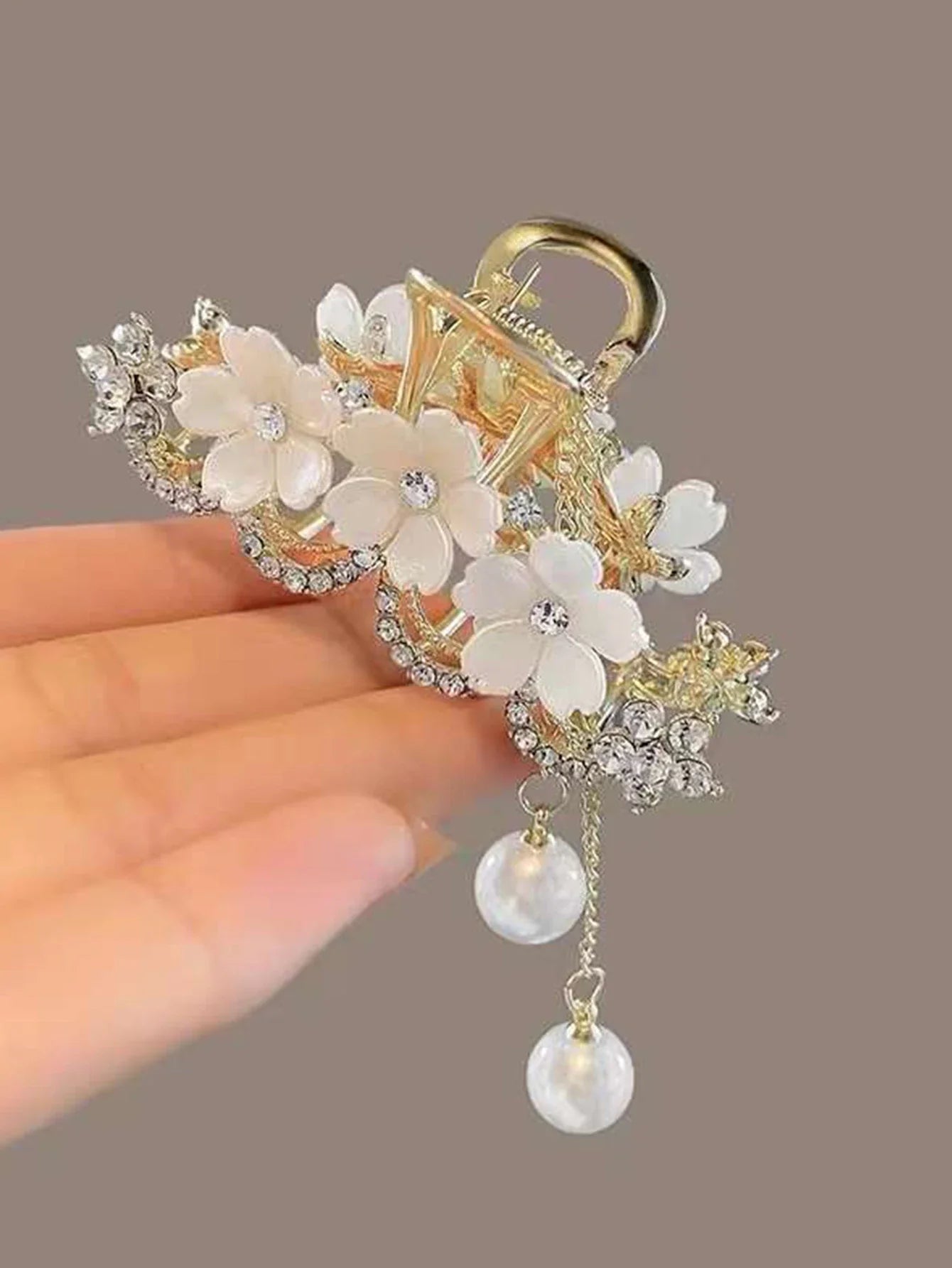 1pcs Fashion Elegant Exqusite Crystal Flower Pearl Tassel Hair Claws For Women Girls Party Ponytail Hair Accessories