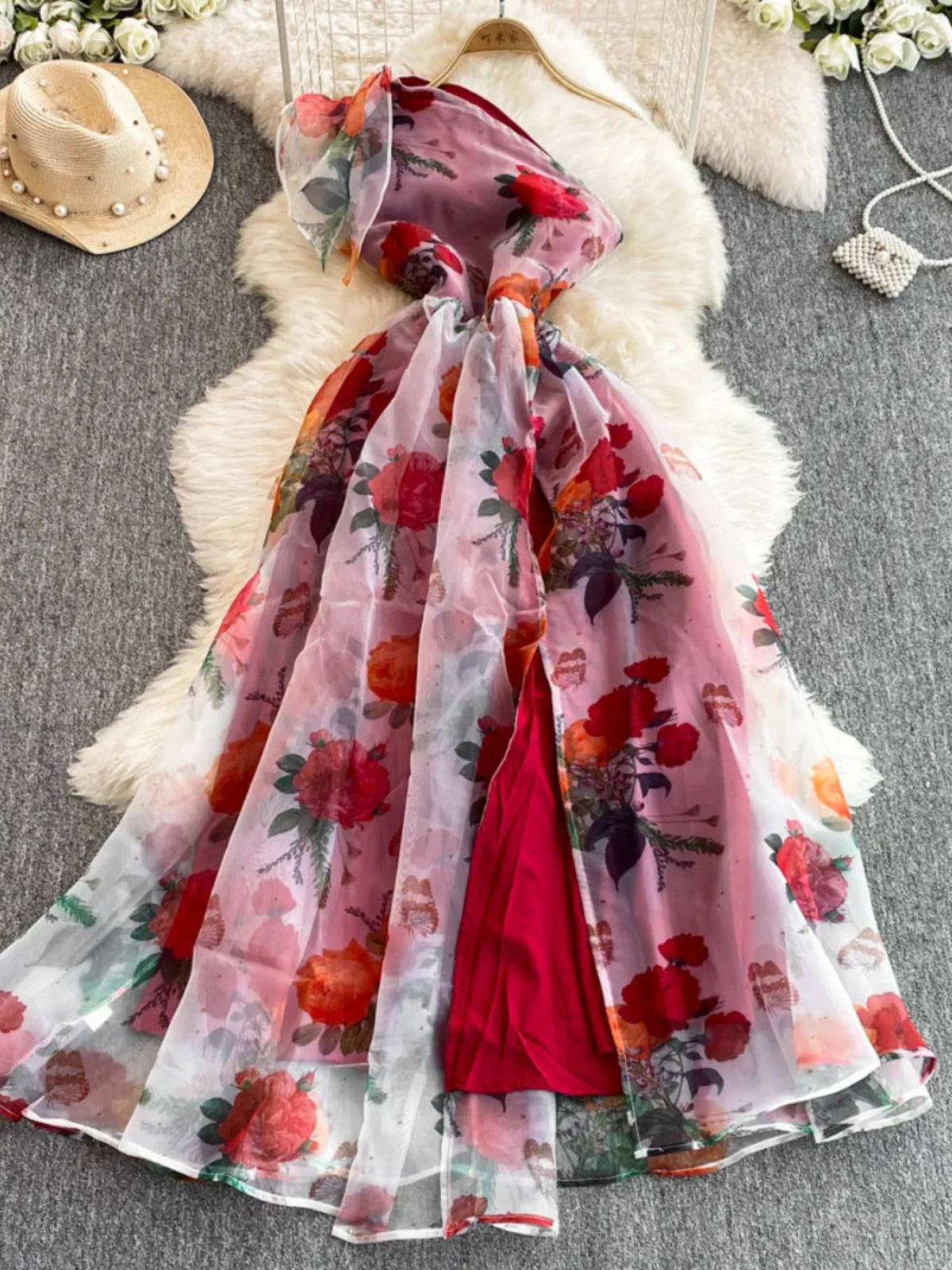 American Chic Maxi Dress for Women Floral Printed Skew Collar Sleeveless Female Dresses A-line Evening Club Vestidos Dropship