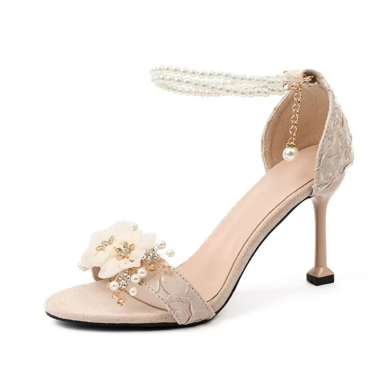 Small Size 31 -43 Women Peep Toe Sandals Wedding Heels Wide Fat Feet Shoes for Women Pearl Flower Bridal Shoes Zaptos Mujer