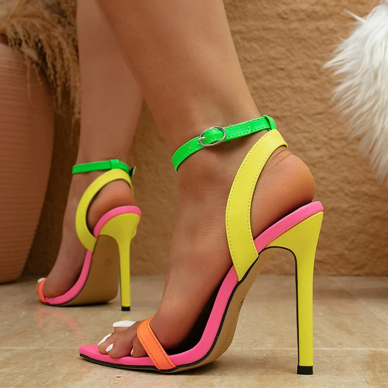 Liyke Mixed Colors Women Sexy  Stiletto Sandals Cozy Leather Pointed Toe Buckle Strap High Heels Summer Party Prom Shoes Size 42