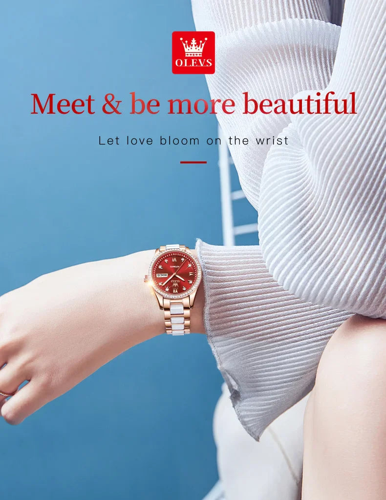 OLEVS Fashion Women Mechanical Watches Luxury Diamond Ceramic Strap Waterproof Luminous Week Calendar Automatic Watch For Women