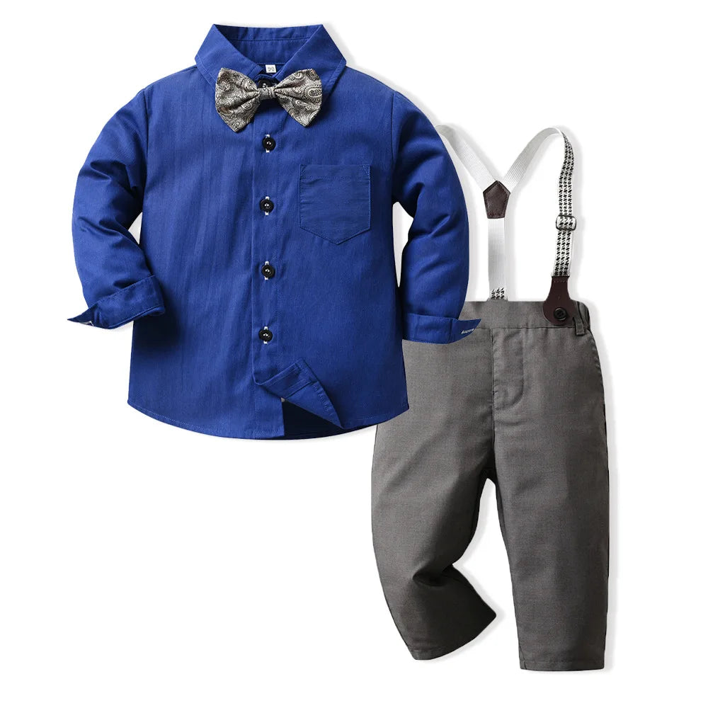 Baby Boys Party Dress Suit Cotton Long Sleeve With Shirt + Suspenders Pants 2PCS Outfits Kids Boys Gentleman Clothes Sets