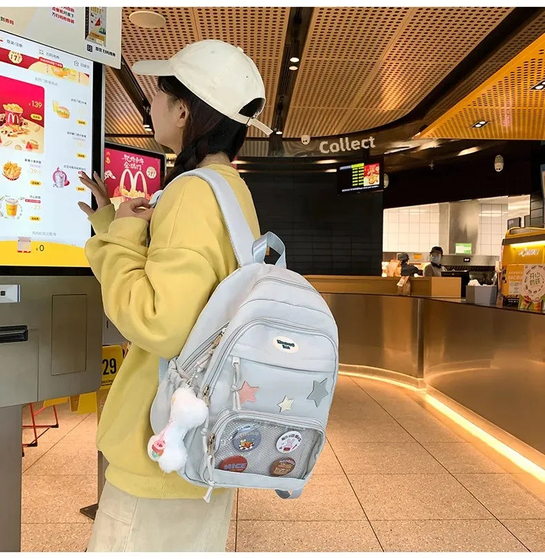 Casual Transparent Badge Large Capacity Commuter Backpack Suitable for Middle School Students Cute School Style Double Shoulder