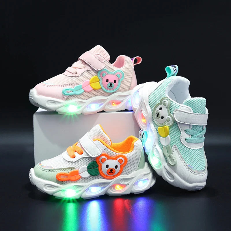 2023 Summer Children's Single Mesh Shoes Baby Soft Sole Walking Shoes LED Illuminated Hollow Breathable Board Shoes