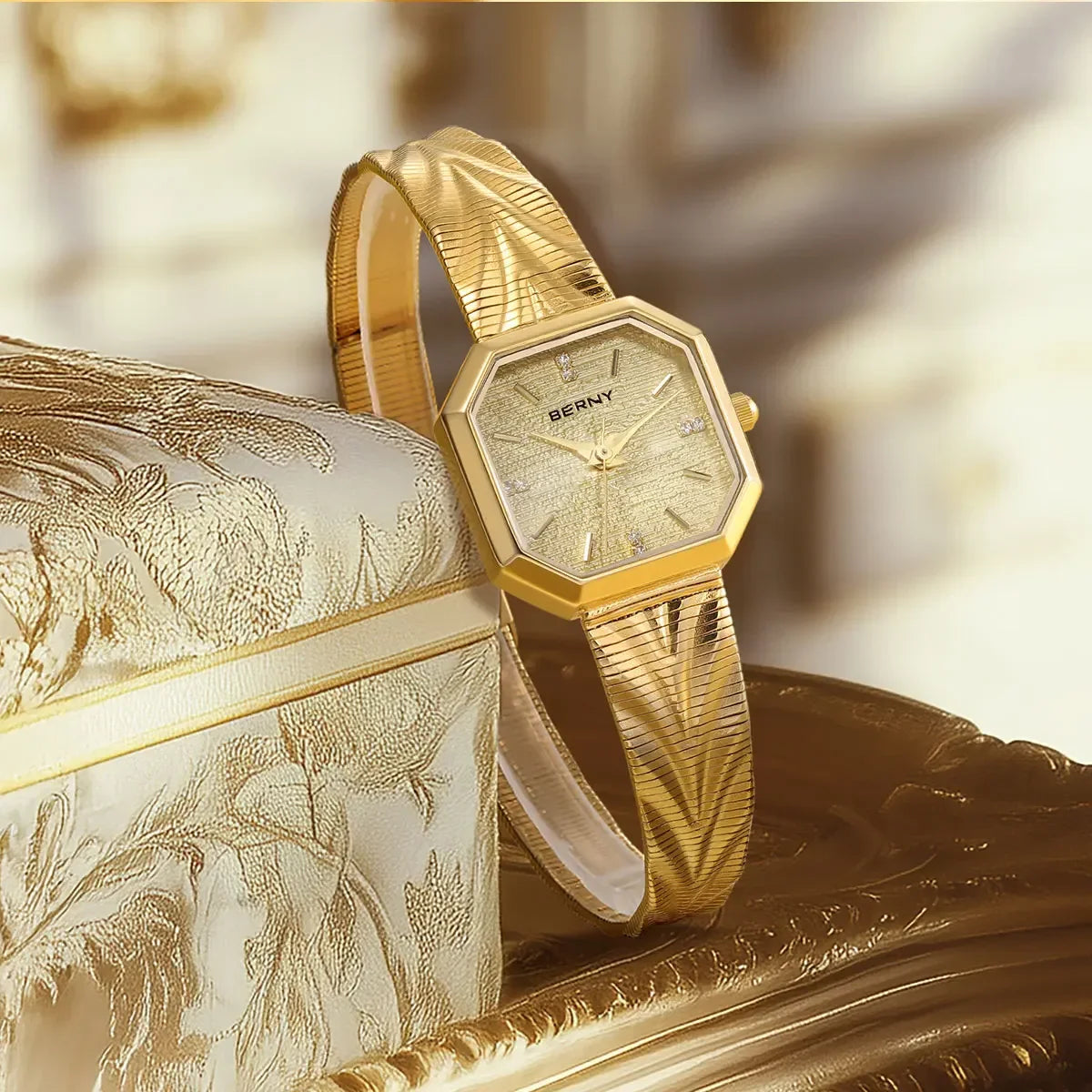 BERNY Gold Watch for Women Grit Dial Octagonal Ladies Quartz Wristwatch Stainless Steel Women Small Golden Watch Luxury Watches