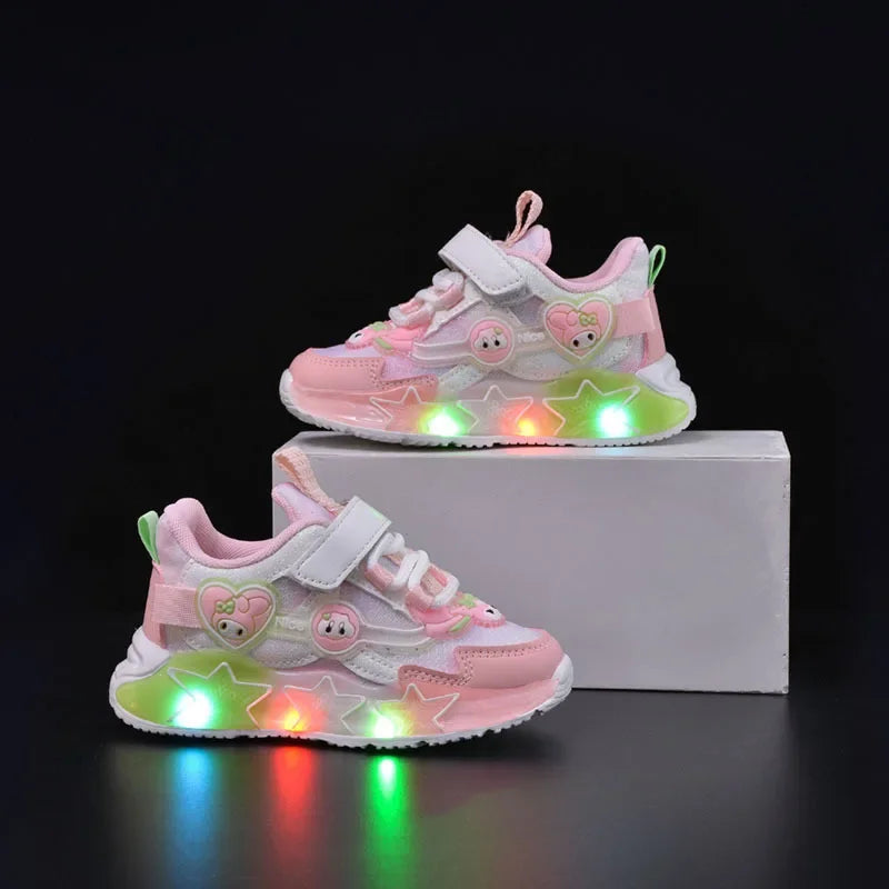 Sanrio Kuromi My Melody Childrens Led Light Sneakers Kawaii Cartoon Fashion Girls Casual Shoes Kids Antislip Sports Running Shoe