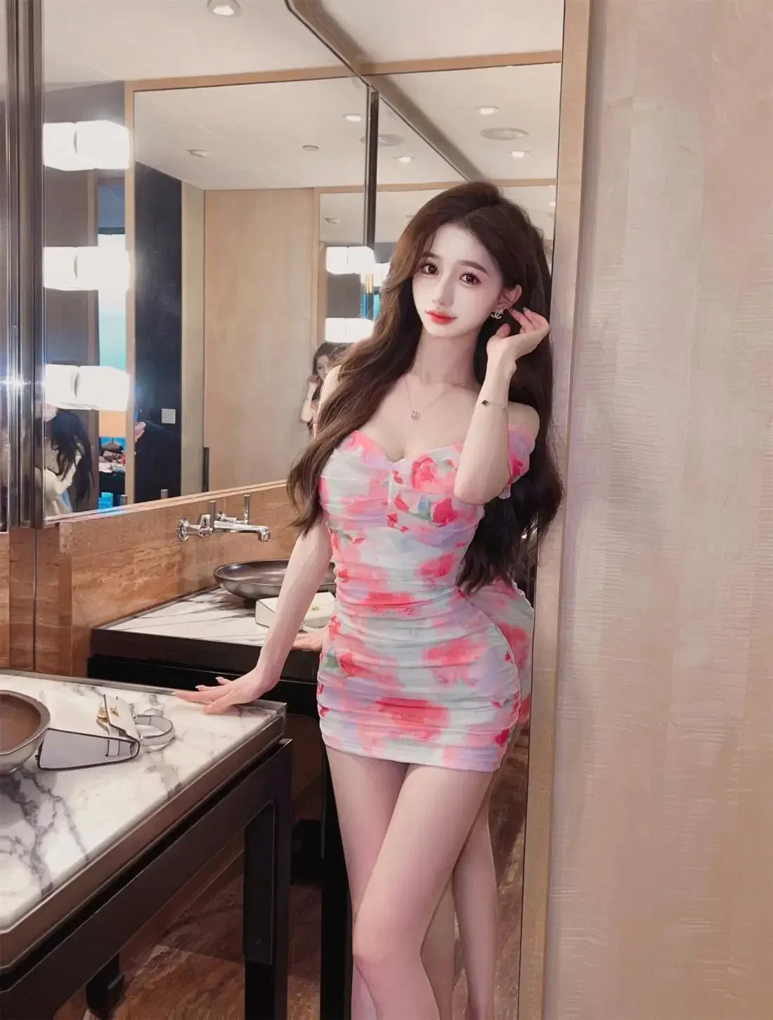 Pure Desire Off Shoulder Printed Bodycon Dress  Stretch Mesh French Niche Design