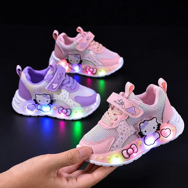 Sanrio LED Casual Sneakers For Spring Girls Hello Kitty Printed Mesh Breathable Shoes Children Lighted Non-slip Pink Purple