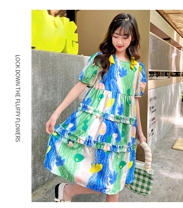 Summer Dress Girl Korean Style Sweet Floral Print Casual Kids Ruched Dresses Toddler Girls Clothes 4 5 6 7 8 9 10 12 14 Year Old