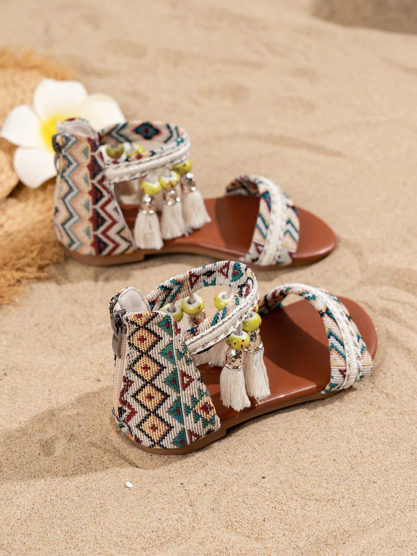 Toddler Beach Sandals - Bohemian Tassel Beaded Girls Summer Shoes Soft Sole for Vacation & Play