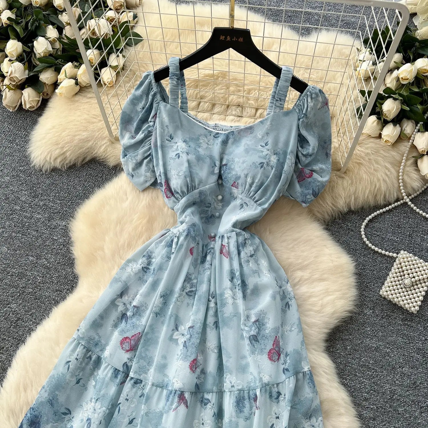 Summer 2025 French Style New Fashion Women's Elegant Trendy Printed Short Puff Sleeve Ankle Length Slim Dresses Female Clothes
