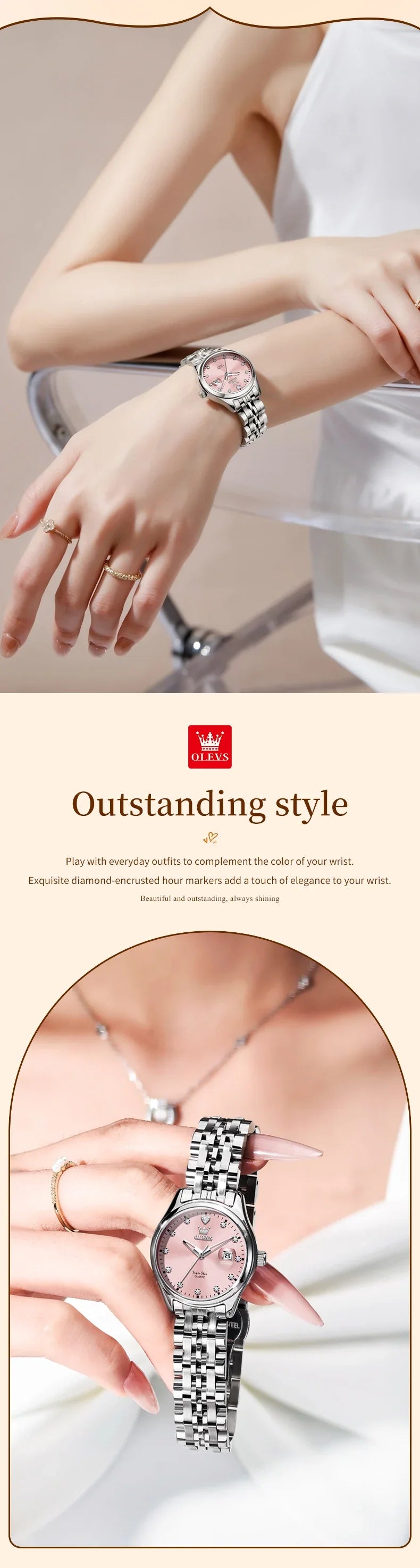 OLEVS Women's Watches 5649L Trend Fashion Original Quartz Watch for Lady Stainless Steel Strap Waterproof Luminous Date Elegant